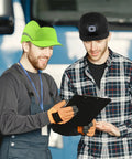 Two men wearing safety bump caps with LED lighting, USB rechargeable headlamp baseball cap style, lightweight breathable hard hats.