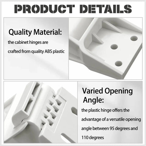 Two Pack Freezer Door Hinges For Haier Fridges, Plastic Counterbalance Hinge Set, 3 Hole Folding Door Hinges, 95 To 110 Degree Universal Replacement Small Fridge Parts with details of ABS plastic material and opening angle between 95-110 degrees.
