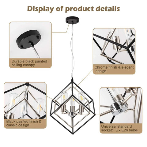 Geometric Black Chandelier With Chrome Finish Vintage Mid Century Modern 3 Light Farmhouse Ceiling Light Fixture details