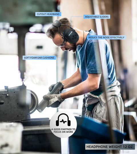 Man wearing Bluetooth Five Point Three Hearing Protection Earmuffs with NRR 25dB, working in a workshop.