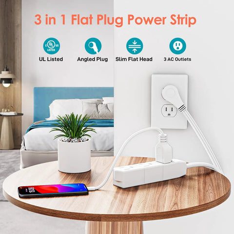 25 Foot Flat Plug Extension Cord With Three Outlets 13 Amp 125 Volt Grounded Indoor Cable in home setup.