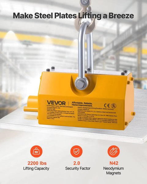 Heavy Duty Permanent Magnetic Lifter 2200 Lbs Neodymium Lifting Magnet With Release Handle And Steel Hook For Shop Cranes And Hoists Lifts Plate Steel And Boards Like A Boss. 2200 lb yellow steel plate lifter with hook