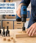 Premium 8 Piece Wood Plug Cutter Drill Bit Set Straight Tapered High Carbon Steel Construction shown in use with drill.