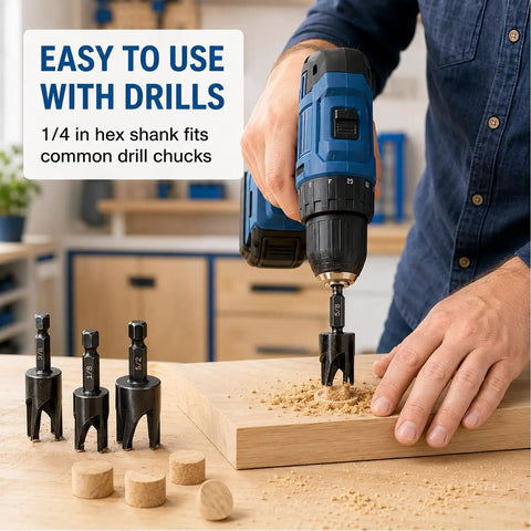 Premium 8 Piece Wood Plug Cutter Drill Bit Set Straight Tapered High Carbon Steel Construction shown in use with drill.