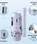 3 Inch Dual Flush Valve Replacement Kit With Top Push Button for Two Piece Toilets Includes Tank To Bowl Gasket And Bolts Durable ABS Valve Kit Leak Free Seal Easy To Install showing parts and chlorine-resistance flapper details