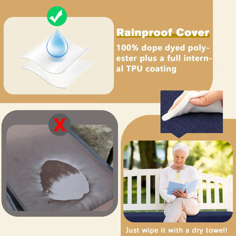 Rainproof Outdoor Bench Cushion 48 By 16 Inches With Ties Blue showing water resistance and easy cleaning features.