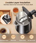 Top view of a Fast Boil Electric Kettle 1.0L 1200W with open lid, stainless steel finish, on a wooden surface with coffee and cookies.