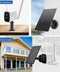 Two Pack Solar Panel Kit For Wireless Outdoor Security Cameras That Use 5V Micro USB Rechargeable Battery Power installed on wall and house