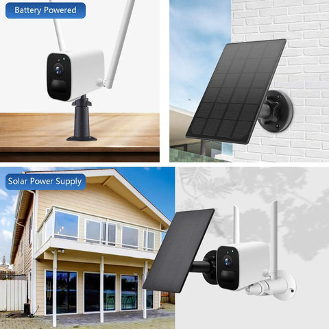 Two Pack Solar Panel Kit For Wireless Outdoor Security Cameras That Use 5V Micro USB Rechargeable Battery Power installed on wall and house