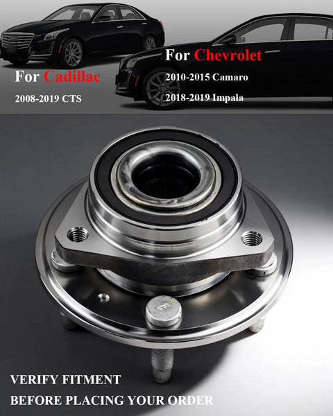 2 Pack Beefed Up Front And Rear Wheel Bearing And Hub Assembly For 2008 To 2019 Cadillac CTS 2010 To 2015 Chevy Camaro And 2018 To 2019 Impala 5 Lug With Encoder ABS Replacement Kit featuring close-up of wheel hub