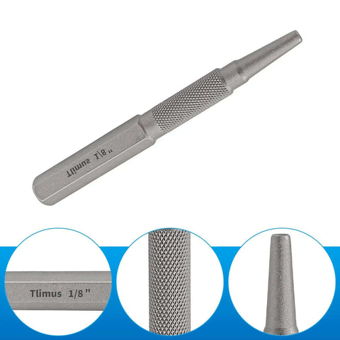 Close-up of 4 Piece Nail Punch Set Center Punch Kit, showing 1/8 inch nail setter, durable 40Cr steel, textured grip for woodworking.