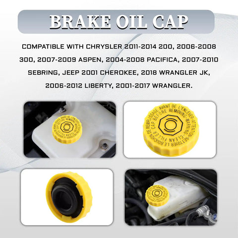 Yellow Brake Fluid Cap Replacement For Jeep Wrangler Dodge Journey Ram 1500 2500 3500 Master Cylinder Reservoir Cap OEM 4683656AB 5014518AA Keeps Your Brake Fluid Clean And Seals Tight Prevents Leaks shown in vehicle compatibility chart