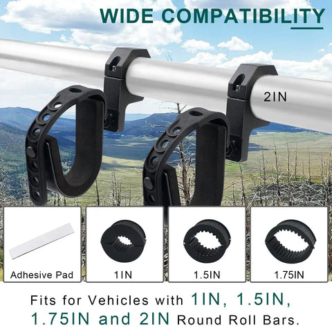 Two Pack Universal Roll Bar Gun Holder For UTVs And ATVs Fits 1 To 2 Inch Round Roll Bars, shown installed on a roll bar