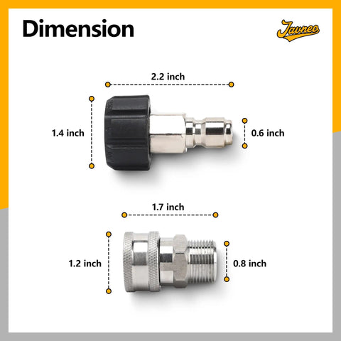 Dimensions of Built Tough Stainless Steel Pressure Washer Quick Connect Kit Four Pack M22 To Fourteen Millimeter Male couplers.