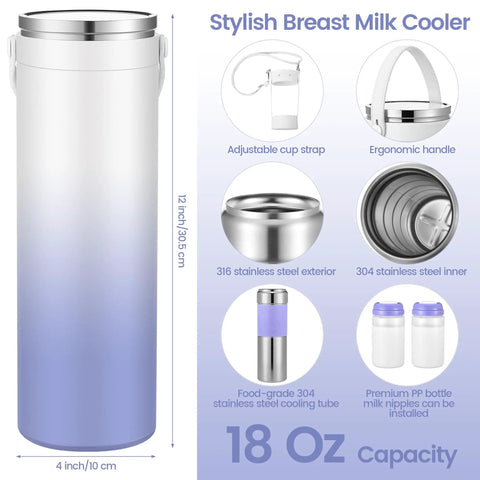 Reliable Portable Breath Milk Cooler Tote With Hella Tough Chiller Cores And Smooth Leak Resistant Closure For Nursing Moms On Commutes Or Easy Road Trips, 18 oz, 12 inch tall, stainless steel.