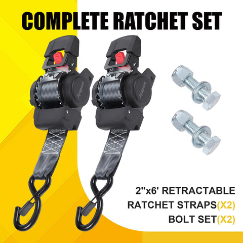 Beefy Heavy Duty Retractable Ratchet Strap Set 2 Inch By 6 Feet 2 Pack Bolt On Tie Downs For Trailers Boats Jet Skis And Motorcycles 3300 Lbs Break Strength Safe Quick Release Hauling with bolts
