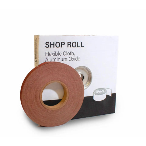 Pro Grade One Inch by Fifty Yard Aluminum Oxide Sanding Shop Roll 150 Grit Fine F Weight Cotton Cloth Sandpaper next to box