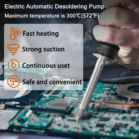 Automatic Desoldering Pump Solder Sucker With Strong Vacuum For One Handed Use Black Desoldering Tool in use over circuit board