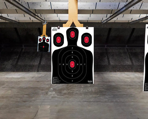 Indoor range with silhouette shooting target bulk pack of 50 in black 18 by 24 inches with multiple aiming zones for practice