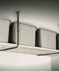 Adjustable Garage Ceiling Mount Storage Rack Kit With Ceiling Shelves 34 In By 26 In Hammertone Finish installed with bins