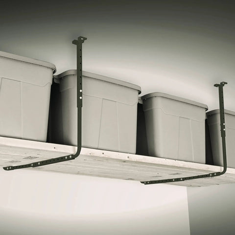 Adjustable Garage Ceiling Mount Storage Rack Kit With Ceiling Shelves 34 In By 26 In Hammertone Finish installed with bins