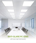 Modern office with 2x2 LED Flat Panel Light 25W 3225LM 4000K Bright White Lit Dimmable Drop Ceiling Recessed And Surface Mount