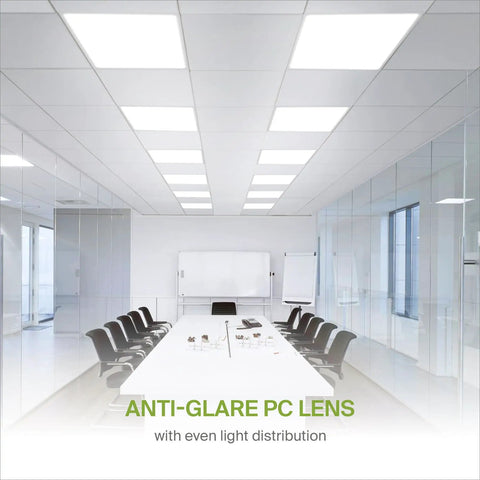 Modern office with 2x2 LED Flat Panel Light 25W 3225LM 4000K Bright White Lit Dimmable Drop Ceiling Recessed And Surface Mount