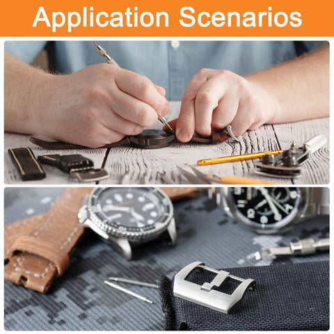 Application scenarios for Heavy Duty Full 8PC Set Stainless Steel Watch Spring Bar Pins 1.5X18MM kit shown with watch repair tools.