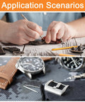Hands working with Heavy Six Pack Stainless Steel Watch Spring Bars 1.5 X 19mm for watch strap changes on a wooden table.