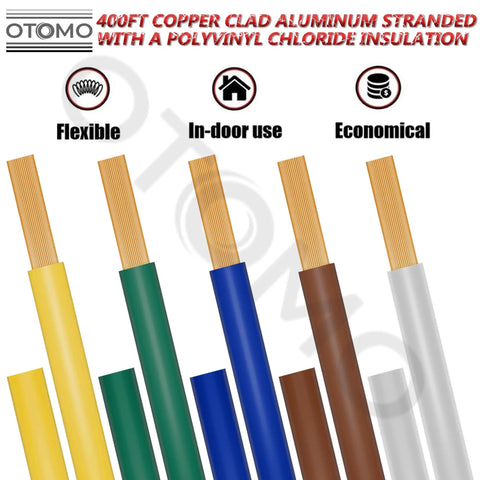 Beefed Up 400 Foot 14 Gauge Five Way Trailer Wire CCA Bonded Extension Cable color-coded wires with text icons.