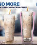 Slick 30 Oz Double Wall Insulated Tumbler Locks Temperature On Coffee Or Soda All Damn Day Long Baby Blue Stainless Steel Mug With Secure Lid next to iced coffee in pink holder.