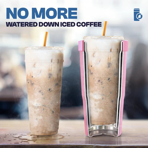 Slick 30 Oz Double Wall Insulated Tumbler Locks Temperature On Coffee Or Soda All Damn Day Long Baby Blue Stainless Steel Mug With Secure Lid next to iced coffee in pink holder.