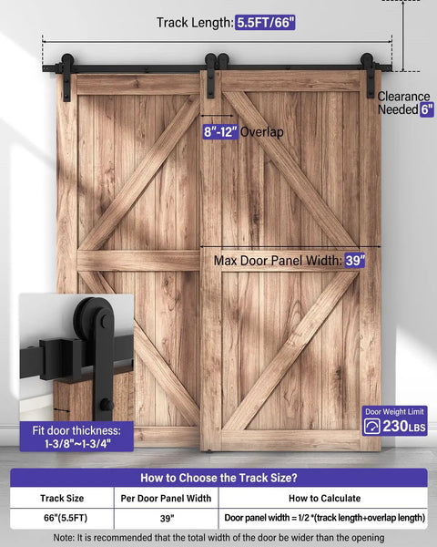 Smooth Riding Single Track Bypass Sliding Barn Door Hardware Kit For Two Doors Covers Five Feet Of Wall Space, showing installation dimensions.