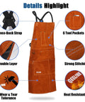 Leather Welding Apron With 6 Pockets, Heat And Flame Resistant Heavy Duty Cowhide Shield, 24 x 42 Inches Full Coverage details highlights
