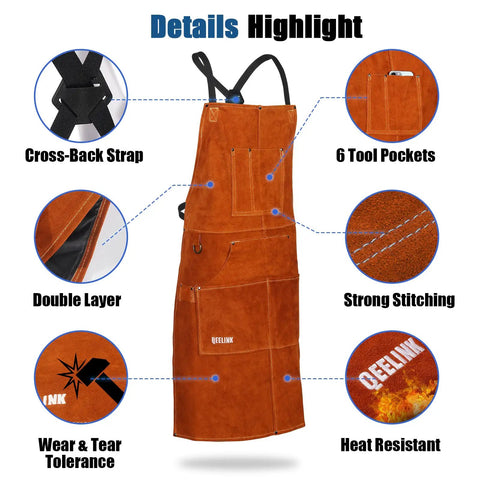 Leather Welding Apron With 6 Pockets, Heat And Flame Resistant Heavy Duty Cowhide Shield, 24 x 42 Inches Full Coverage details highlights