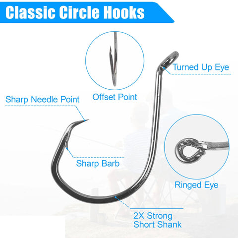 Close-up of classic circle hook with features for Surf Fishing Tackle Kit With 12 Leader Rigs 4 Pyramid Sinkers 1 Bass Casting Sinker And 10 Circle Hooks For Striped Bass Red Drum Flounder A Go To Coastal Shoreline Rig Kit For Heavy Duty Coastal Fishing