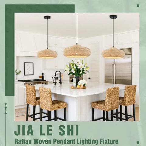 Boho Woven Rattan Pendant Light Dome Ceiling Fixture for Kitchen Island 15.74 Inch Handwoven Rustic Farmhouse Vibe