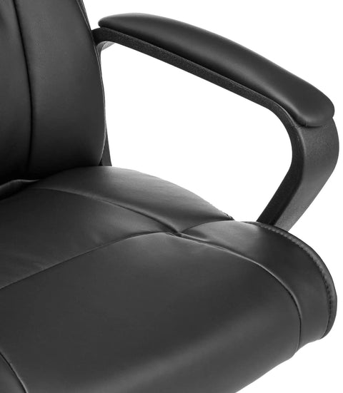 All Day Comfort Office Task Chair With Adjustable Height 360 Degree Swivel Plush Padded Armrests Mid Back Support Rolling Base 275 Pound Capacity Black Faux Leather close-up of padded armrest