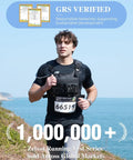 Runner wearing Hydration Running Vest With 2L Bladder, lightweight chest pack, black, along coast with GRS certification above.