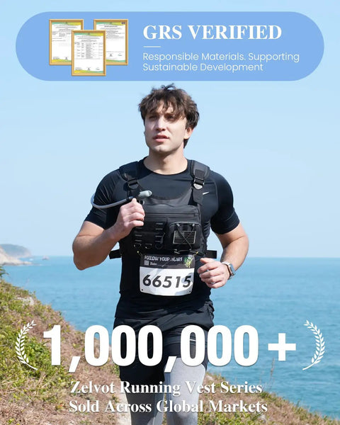 Runner wearing Hydration Running Vest With 2L Bladder, lightweight chest pack, black, along coast with GRS certification above.