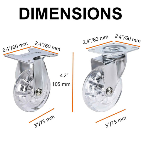 Transparent 3 Inch Caster Wheels Set Of 4 With Beefed Up Heavy Duty Steel Plate And Clear PU Tread dimensions diagram