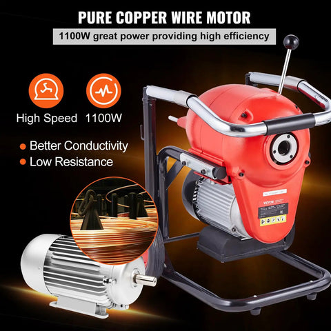 Heavy Duty Electric Sewer Snake Drain Cleaner Machine With 120 Ft Steel Cable And 1100 Watt Motor showing copper wire motor and components.