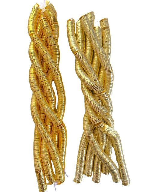 Top Shelf 14K Gold Plated Brass Heishi Spacer Beads For Jewelry Makers With Straight Up Solid Flat Round Coin Discs Stringing Supply And Real Deal DIY Craft Bulk Starter Pack For Bracelets - twisted strands of brass beads