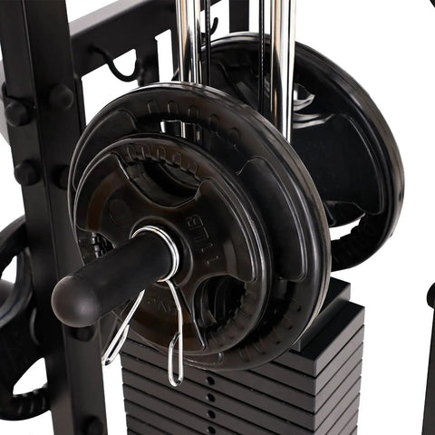 Close-up view of All In One Home Gym System with Smith Machine's dual 440lb weight stacks and adjustable lever arms 2 to 1 pulley