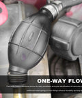 Heavy Duty Manual Fuel Transfer Pump With High Flow Rubber Bulb Primer and One Way Vacuum Line showing one-way flow design and installation guide.