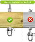 Correct installation comparison of Rock Solid Heavy Duty Swing Hanger Kit With Ball Bearings for wooden and gray beams.