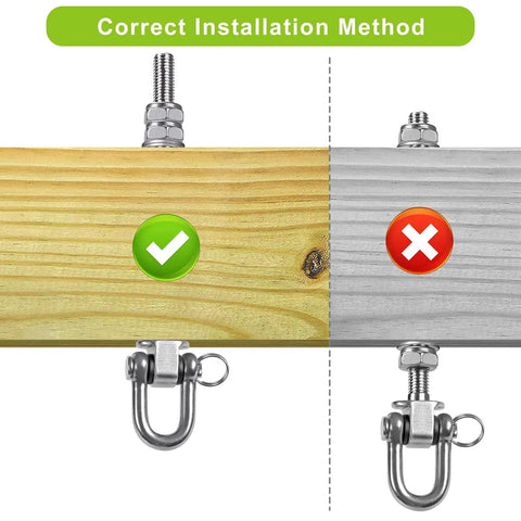 Correct installation comparison of Rock Solid Heavy Duty Swing Hanger Kit With Ball Bearings for wooden and gray beams.