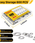 Front view of Nuepuxo 600-piece 304 stainless steel flat washer set in a clear case, 7 sizes M3–M12.