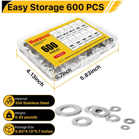 Front view of Nuepuxo 600-piece 304 stainless steel flat washer set in a clear case, 7 sizes M3–M12.