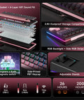 Exploded view of Q87 Tri Mode Wireless Gaming Mechanical Keyboard with RGB backlight and adjustable stands.